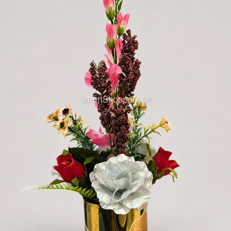 Artificial Pink Rose Flower Arrangement in Gold Pot