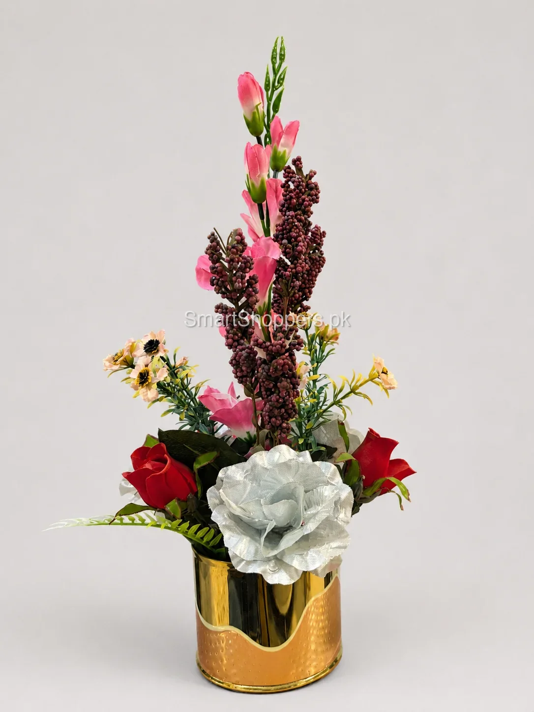 Artificial Pink Rose Flower Arrangement in Gold Pot 2 Artificial Pink Rose Flower Arrangement in Gold Pot