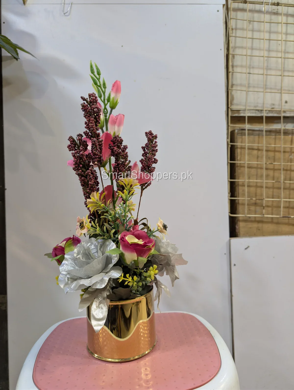 Artificial Pink Rose Flower Arrangement in Gold Pot 3 Artificial Pink Rose Flower Arrangement in Gold Pot