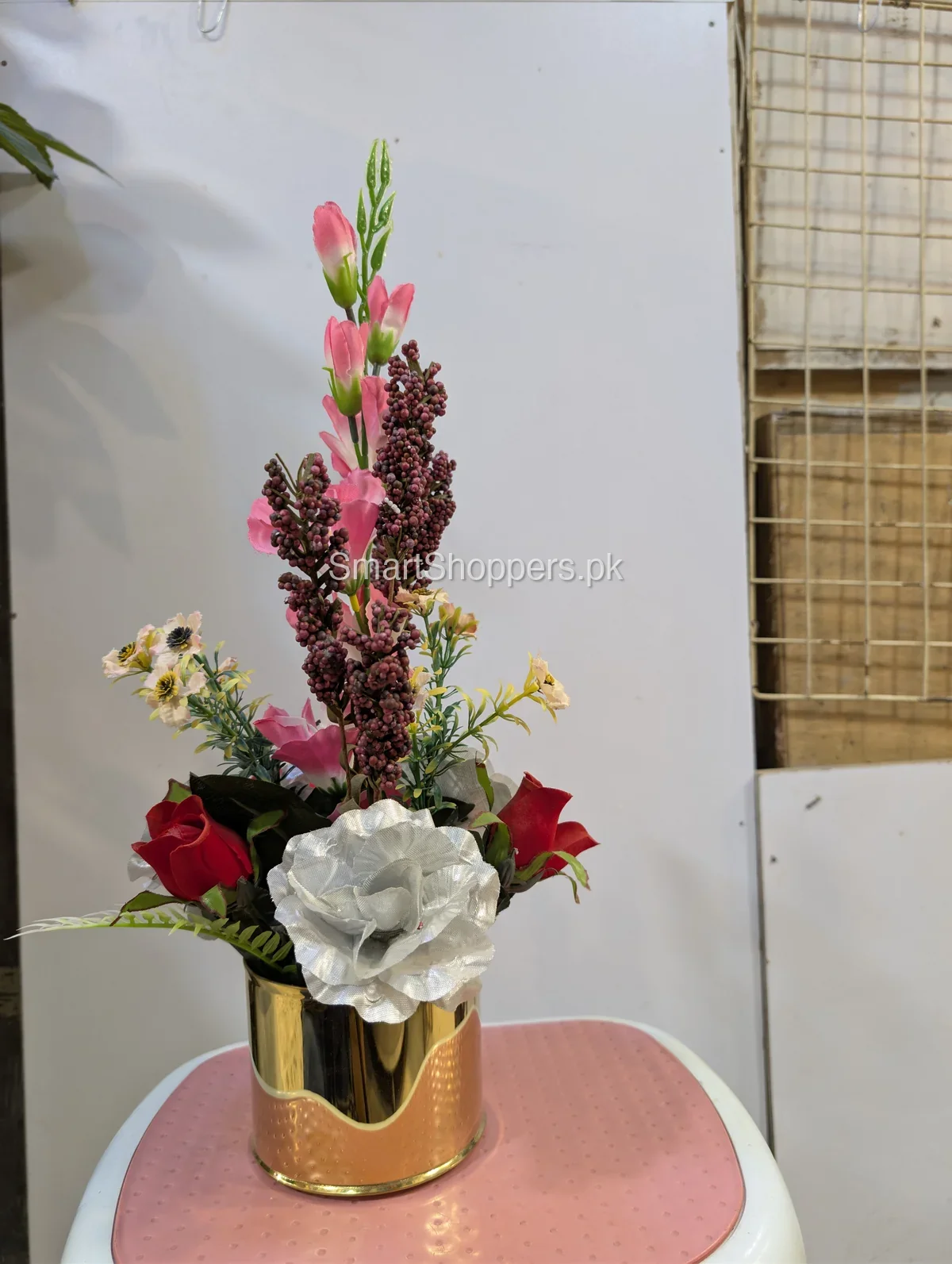 Artificial Pink Rose Flower Arrangement in Gold Pot 7 Artificial Pink Rose Flower Arrangement in Gold Pot