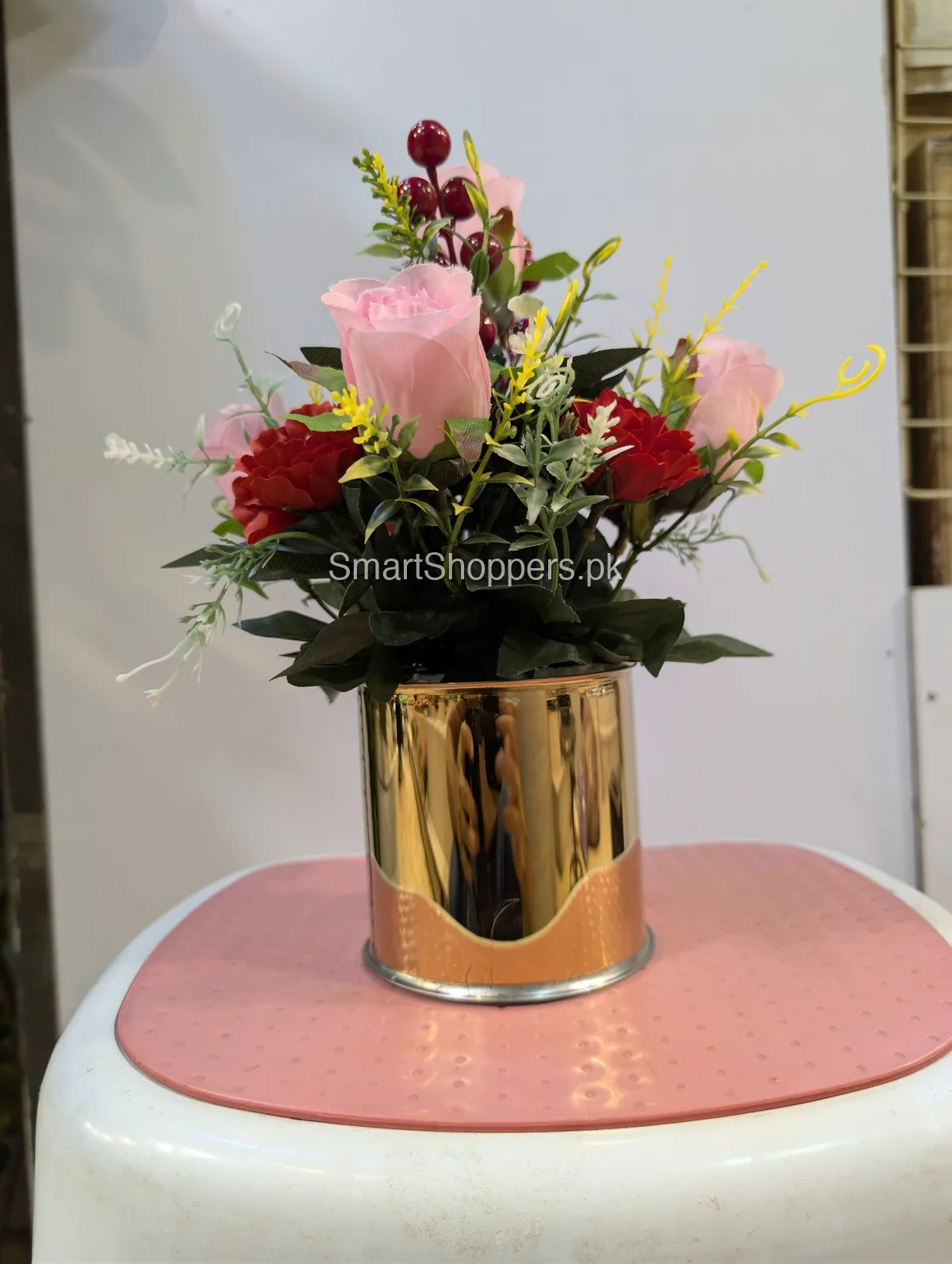 Artificial Pink and Red Rose Flower Arrangement in Gold Pot 2 Artificial Pink and Red Rose Flower Arrangement in Gold Pot - Image 2