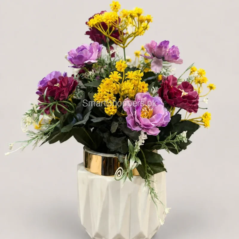 Artificial Purple and Yellow Flower Arrangement in Cream Vase